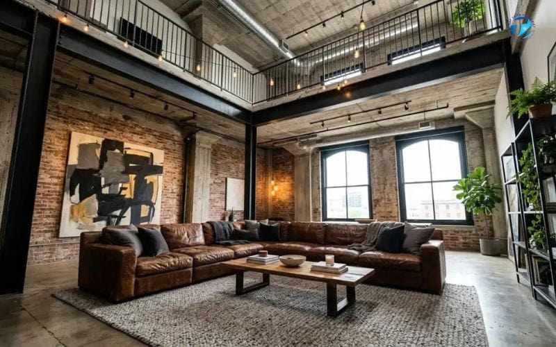 Không gian Industrial với tường gạch thô, bê tông và nội thất kim loại.